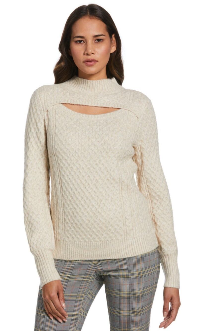 ELLA Rafaella Cable Knit Cutout Mock Neck Sweater Cream Size XLP